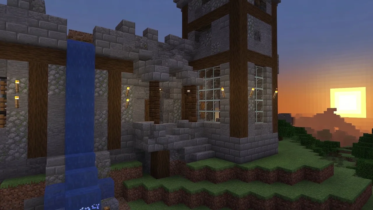 AI-generated Minecraft-style castle with stone blocks, oak beams, waterfall, and sunrise