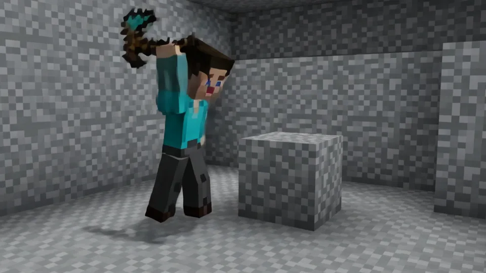 AI-generated block character carrying a pixel pickaxe inside a stone cave