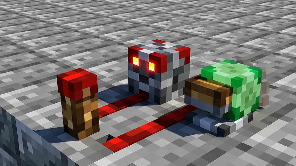 AI-generated redstone mechanism with lever, powered dust, repeater, piston, and slime block